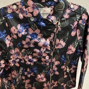 Urban Republic girls  Black and Pink moto faux Leather Jacket with Floral Design